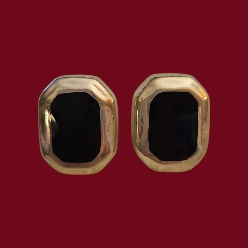 Vintage Sterling Silver 925 Black Onyx Geometric Stud Earrings